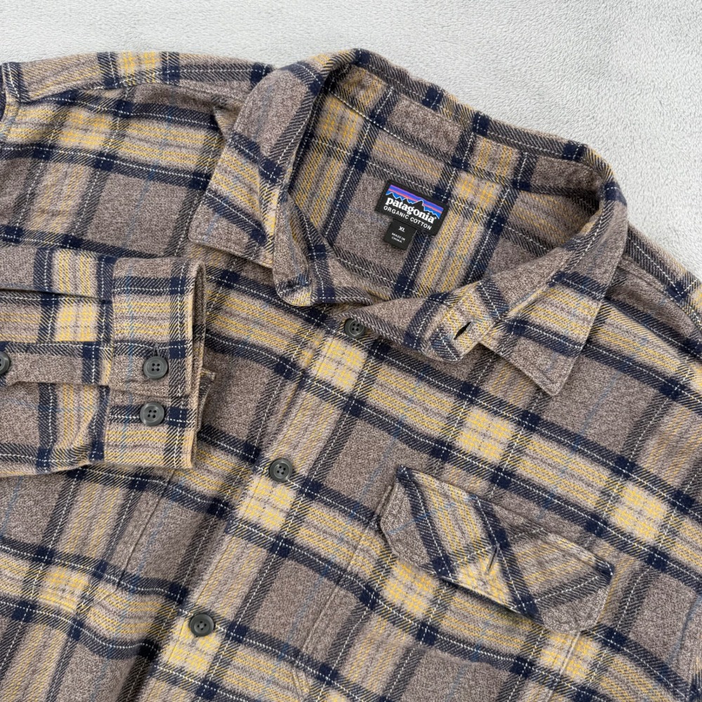 Patagonia Fjord Flannel Shirt Mens XL Brown Blue Yellow Plaid Cotton Outdoor